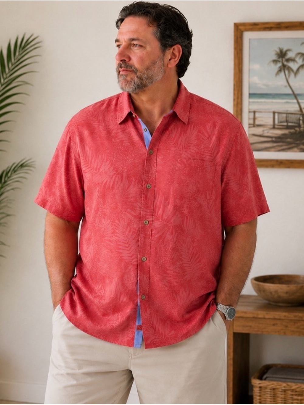 Tommy Bahama Coral Red Tropical Print Short-Sleeve Button-Down. Silk. XL